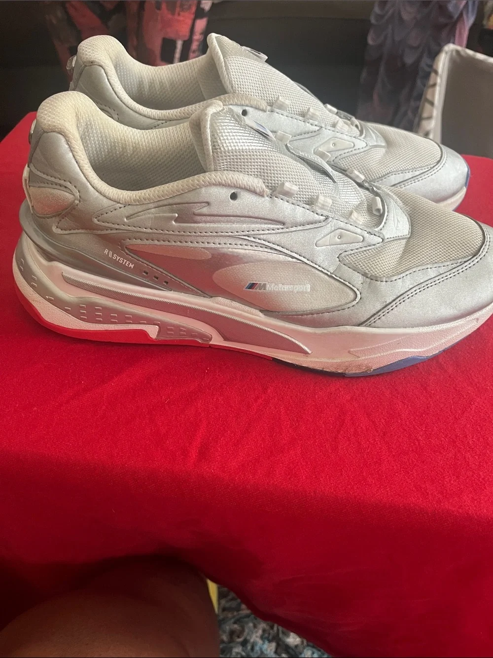 Puma Silver Mesh Athletic Sneakers with Blue & Red Accents